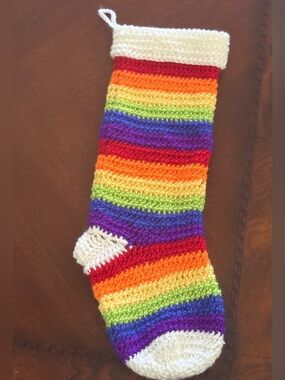 Crocheted Rainbow Crochet Stocking with White Trim